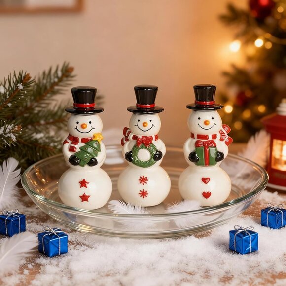 Set Of 3 Ceramic Cute Snowman Ornaments Christmas Decorations For Table - Picture 5 of 7